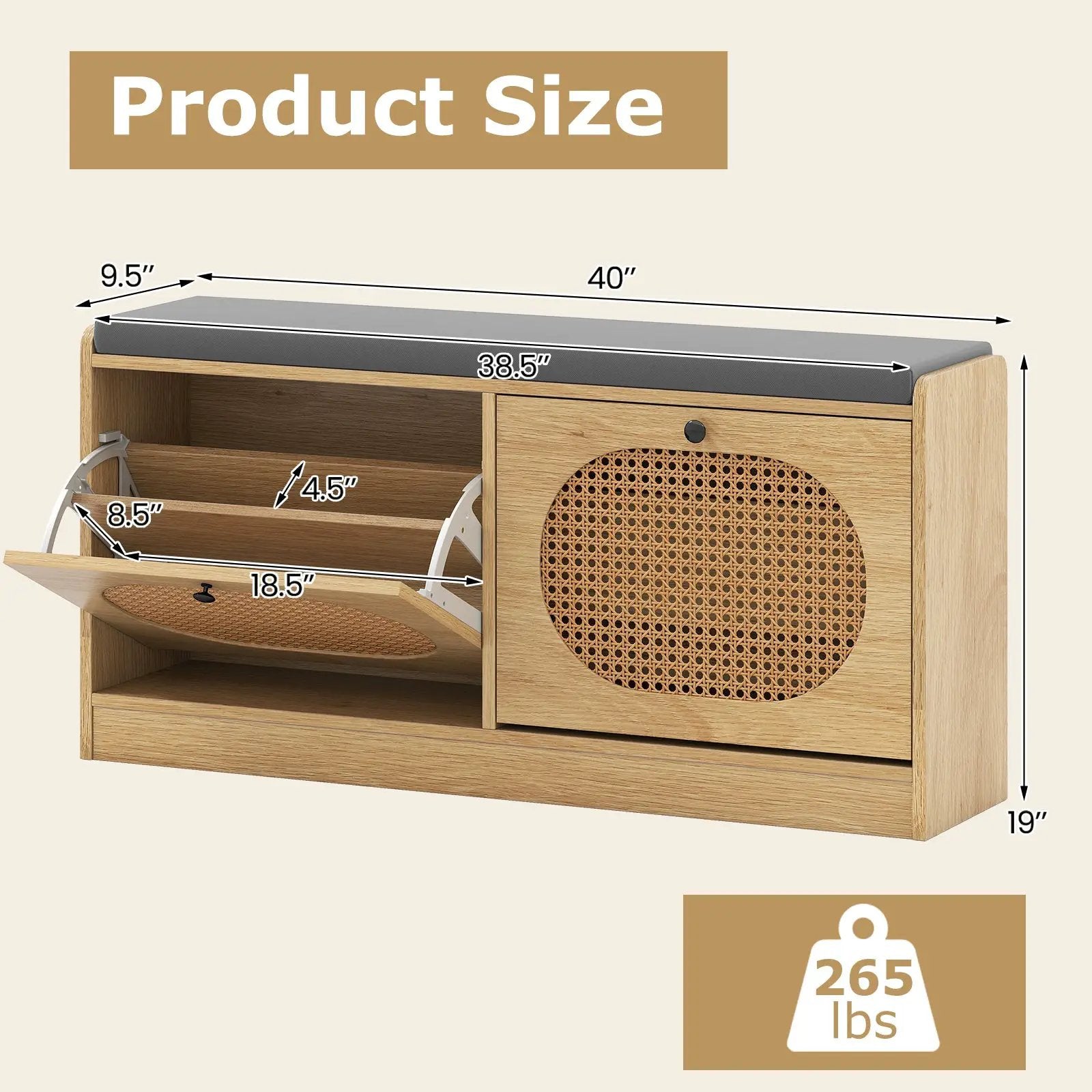 Shoe Storage Bench with Cushion Entryway Rattan Shoe Bench-Natural by DirectDeals