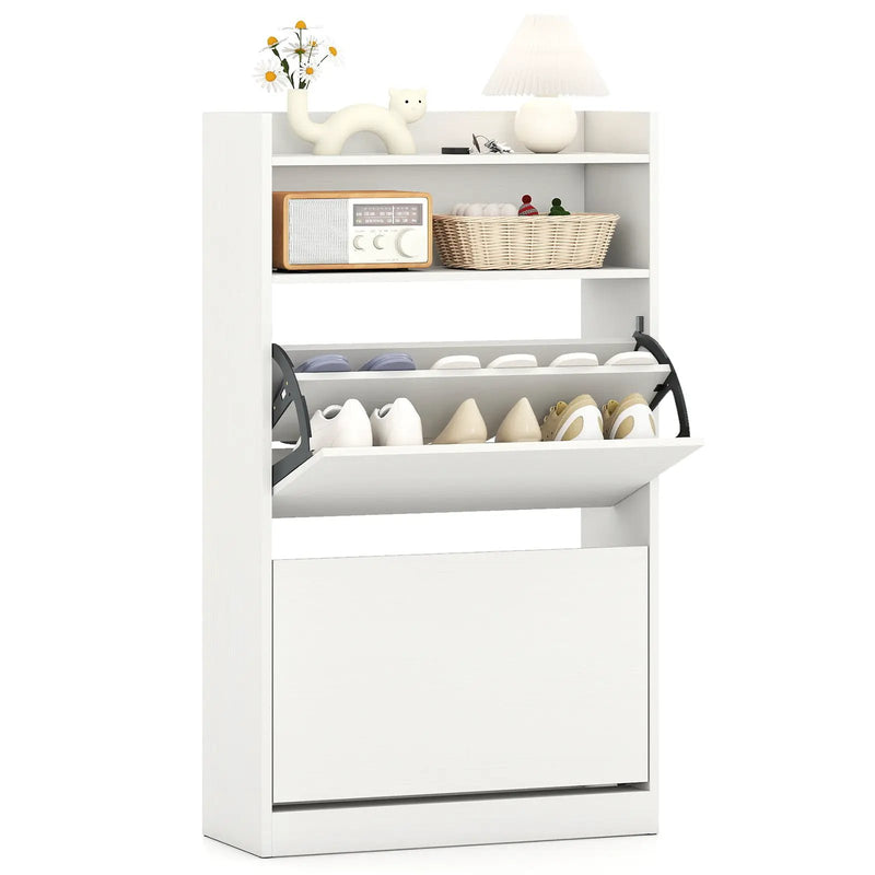 Shoe Storage Cabinet Hidden Shoe Rack with 2 Flip Drawers Adjustable and Removable Shelves-White by DirectDeals