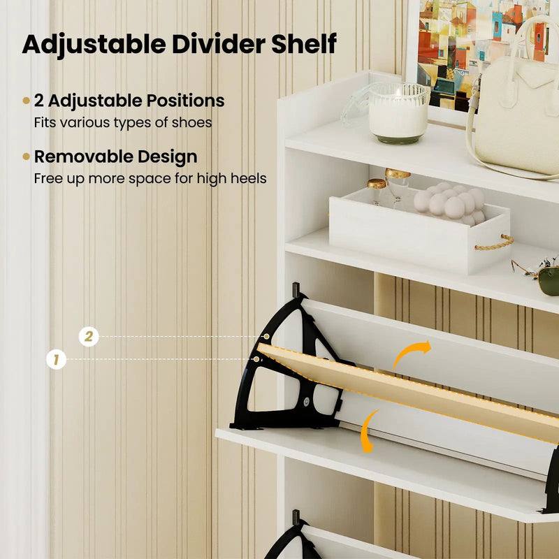 Shoe Storage Cabinet Hidden Shoe Rack with 2 Flip Drawers Adjustable and Removable Shelves-White by DirectDeals