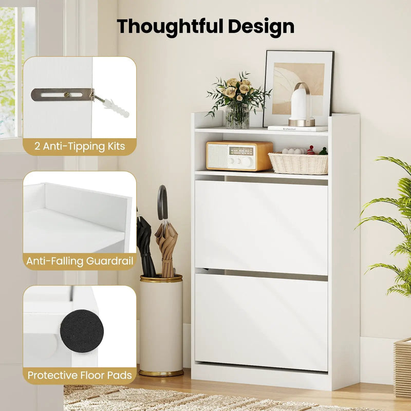 Shoe Storage Cabinet Hidden Shoe Rack with 2 Flip Drawers Adjustable and Removable Shelves-White by DirectDeals