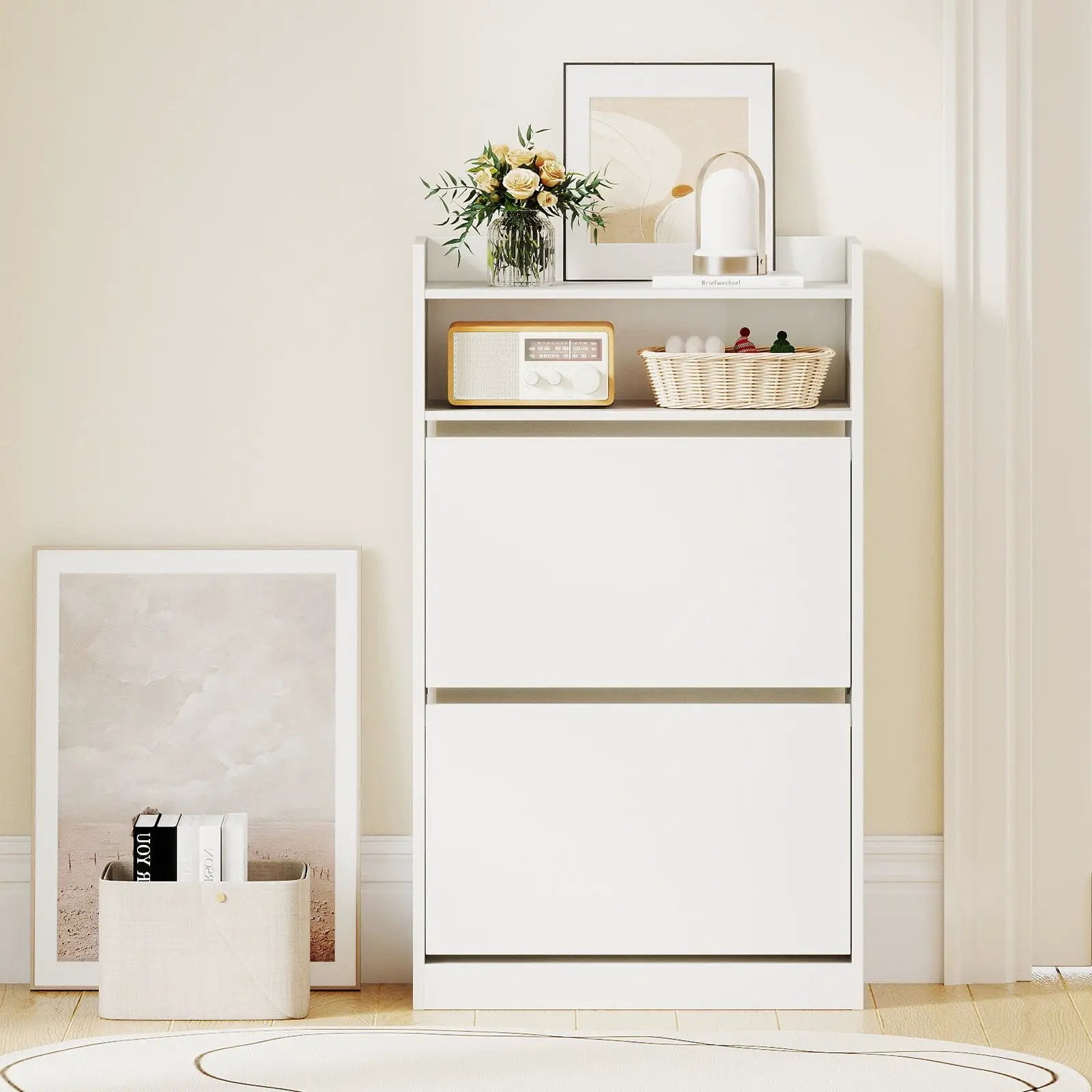 Shoe Storage Cabinet Hidden Shoe Rack with 2 Flip Drawers Adjustable and Removable Shelves-White by DirectDeals