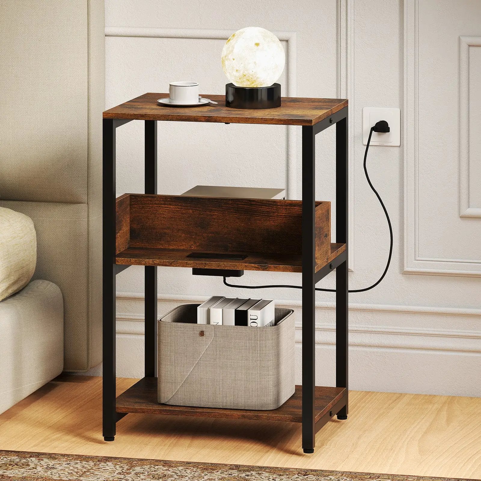 Side End Table with Charging Station and Open Shelves-Rustic Brown by DirectDeals