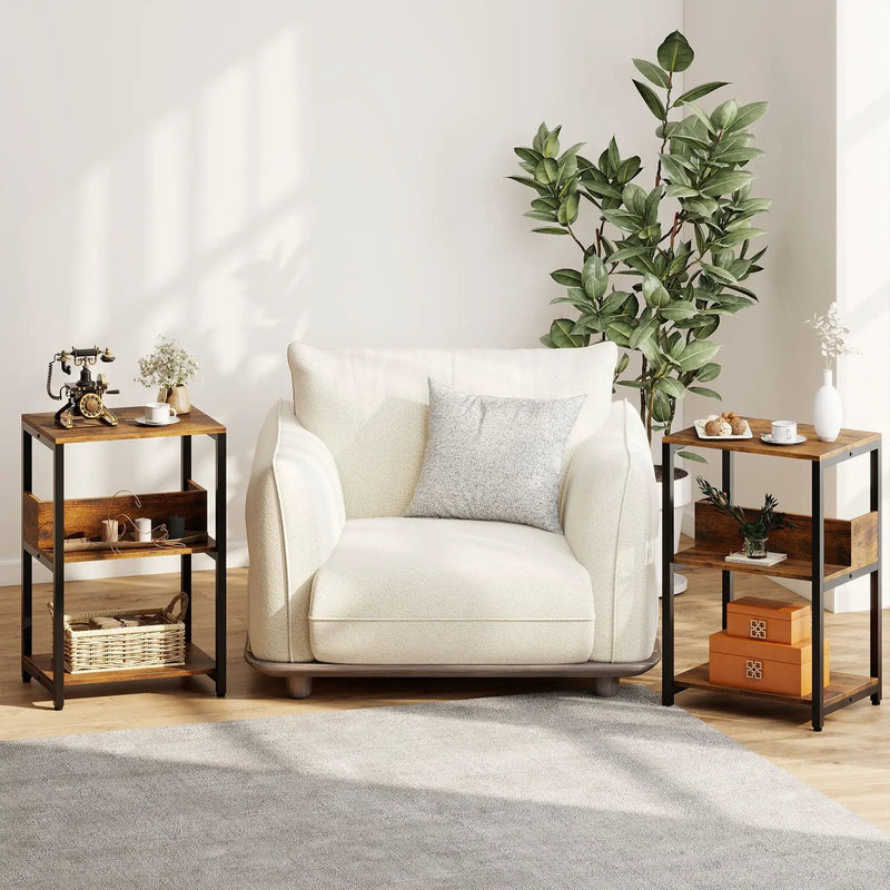 Side End Table with Charging Station and Open Shelves-Rustic Brown by DirectDeals