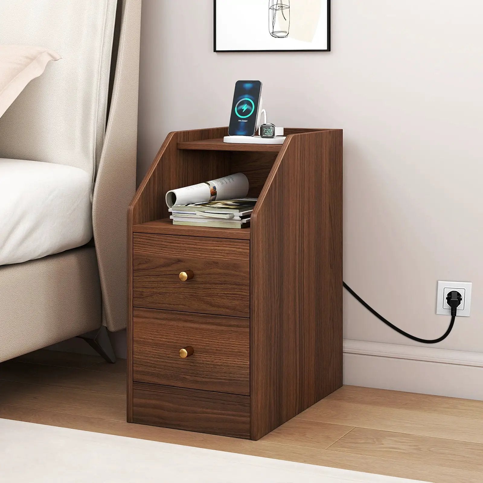Side End Table with Charging Station Sofa Couch Table with Shelf Drawers by DirectDeals