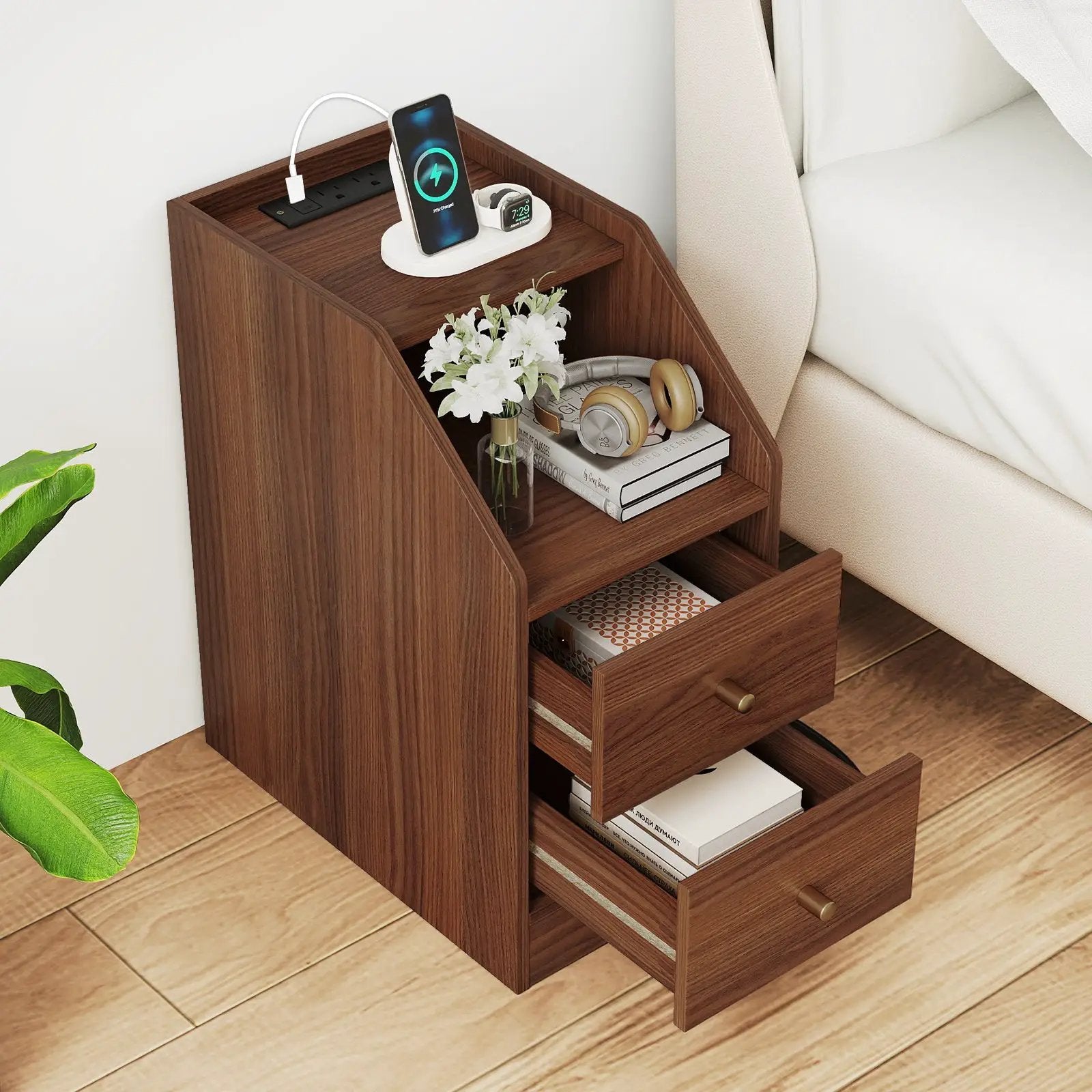 Side End Table with Charging Station Sofa Couch Table with Shelf Drawers by DirectDeals