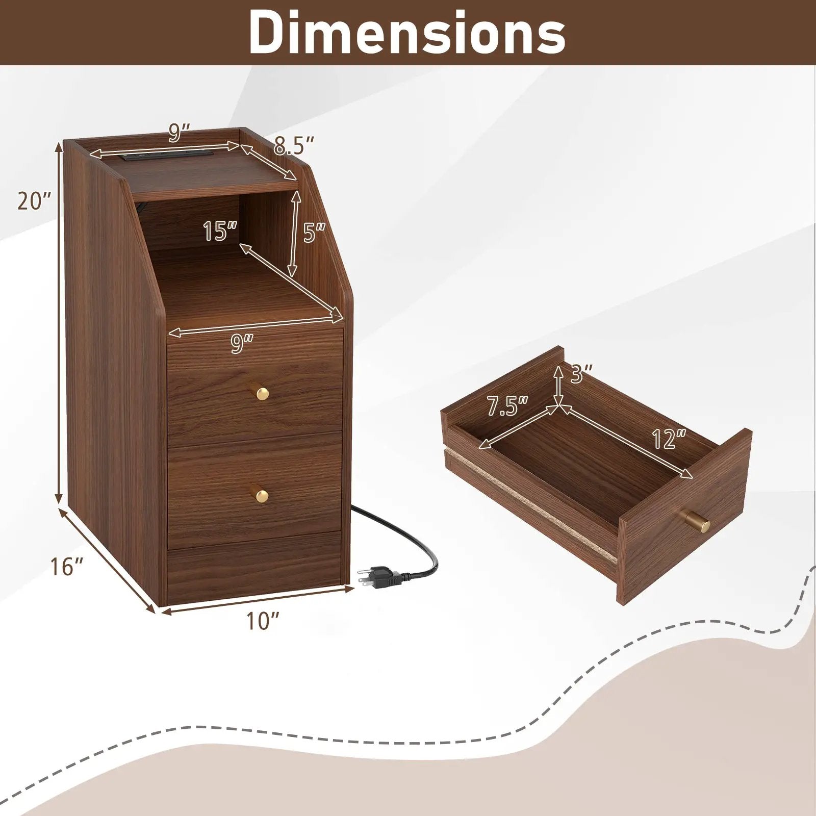 Side End Table with Charging Station Sofa Couch Table with Shelf Drawers by DirectDeals