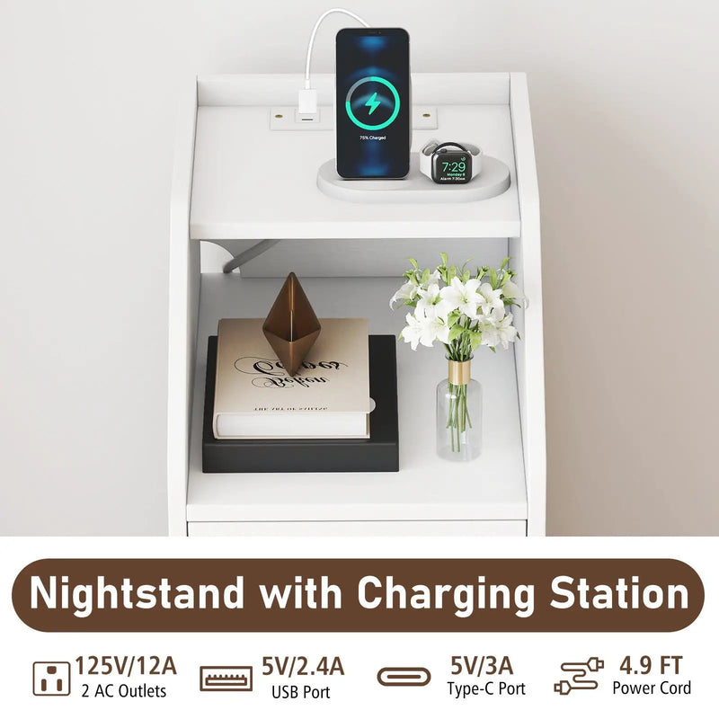 Side End Table with Charging Station Sofa Couch Table with Shelf Drawers by DirectDeals