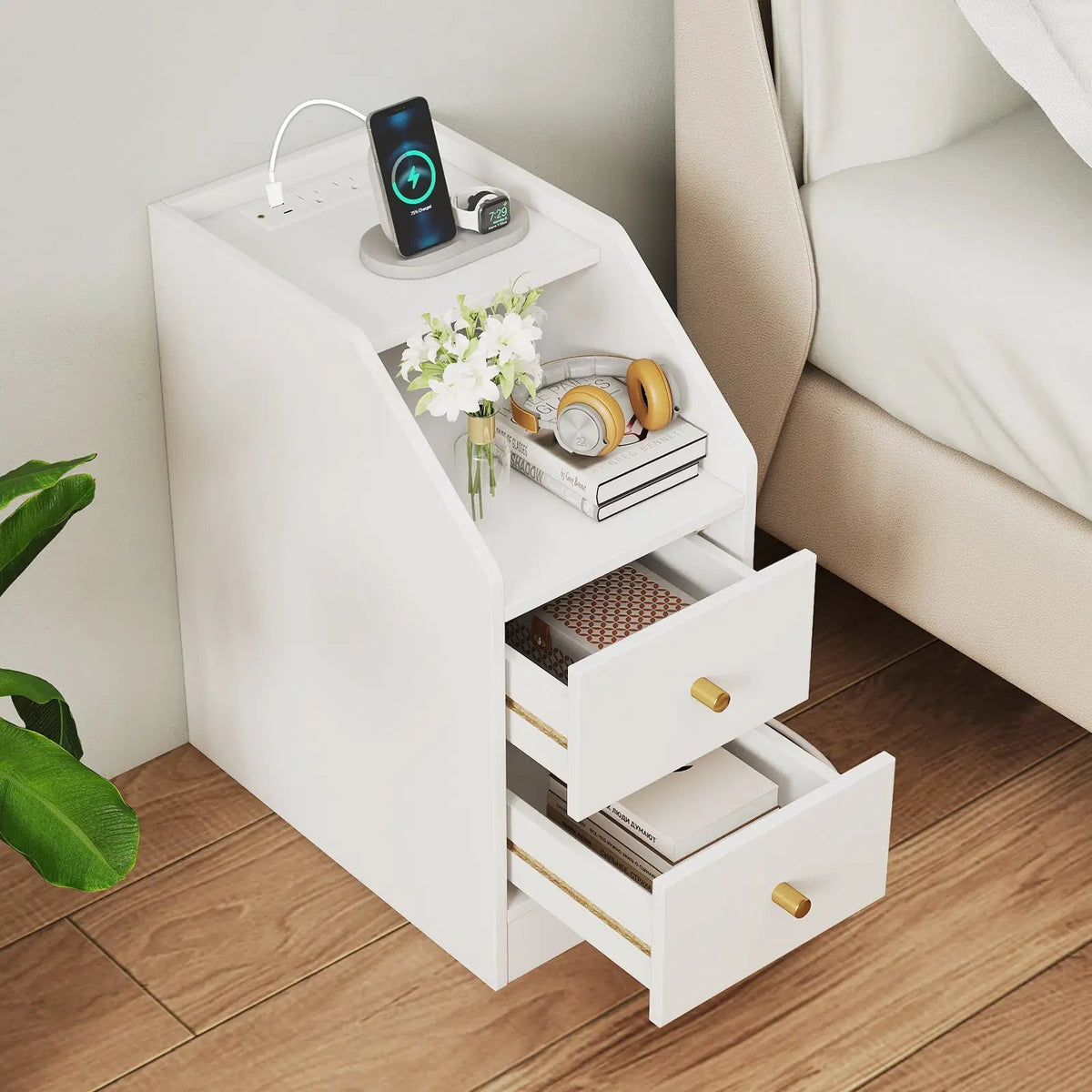 Side End Table with Charging Station Sofa Couch Table with Shelf Drawers by DirectDeals