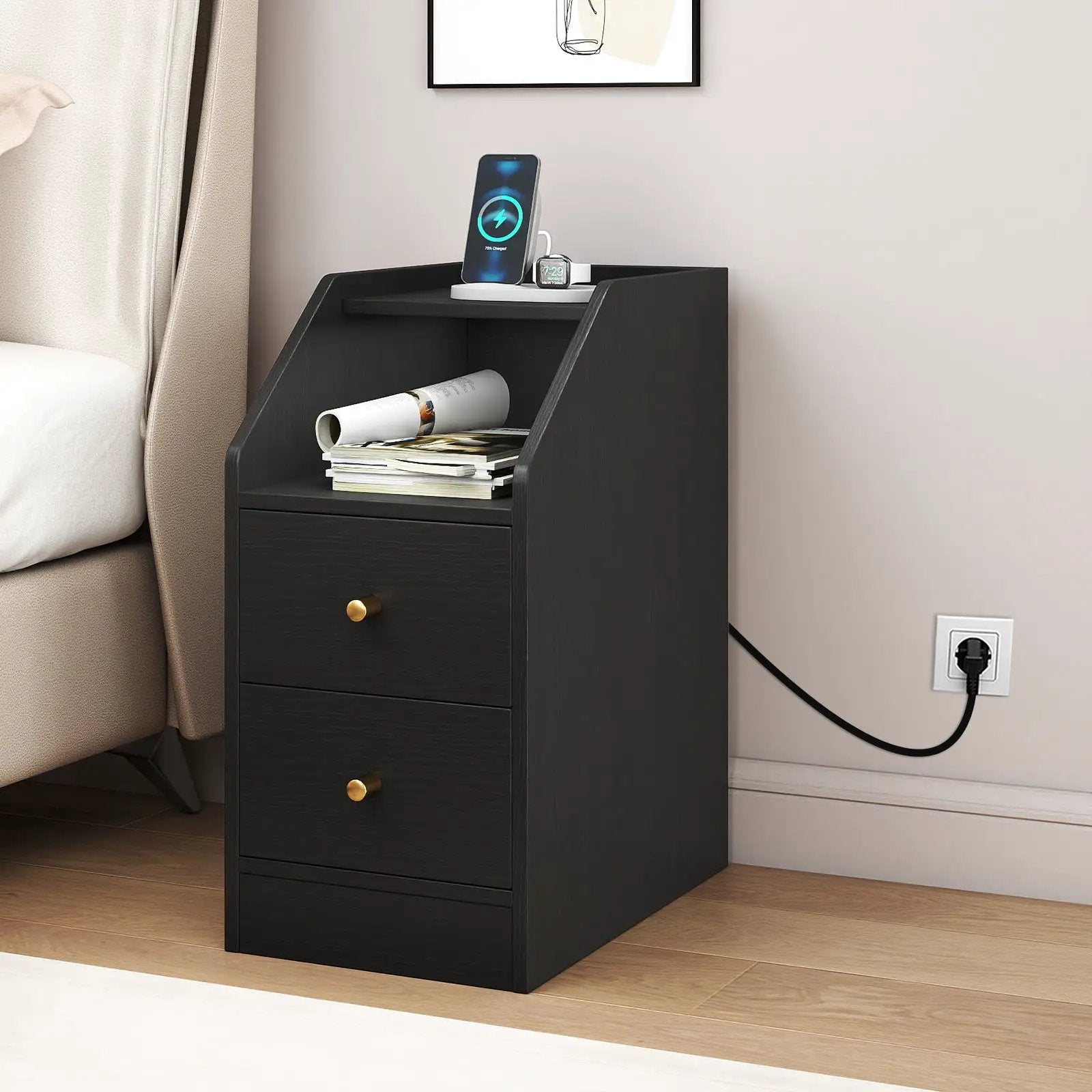 Side End Table with Charging Station Sofa Couch Table with Shelf Drawers by DirectDeals