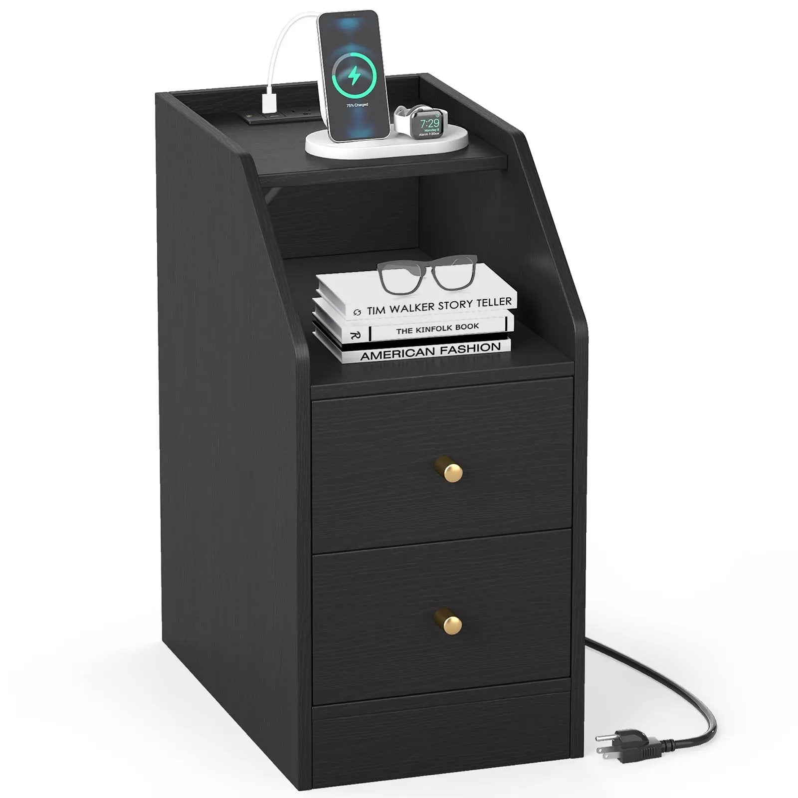 Side End Table with Charging Station Sofa Couch Table with Shelf Drawers by DirectDeals