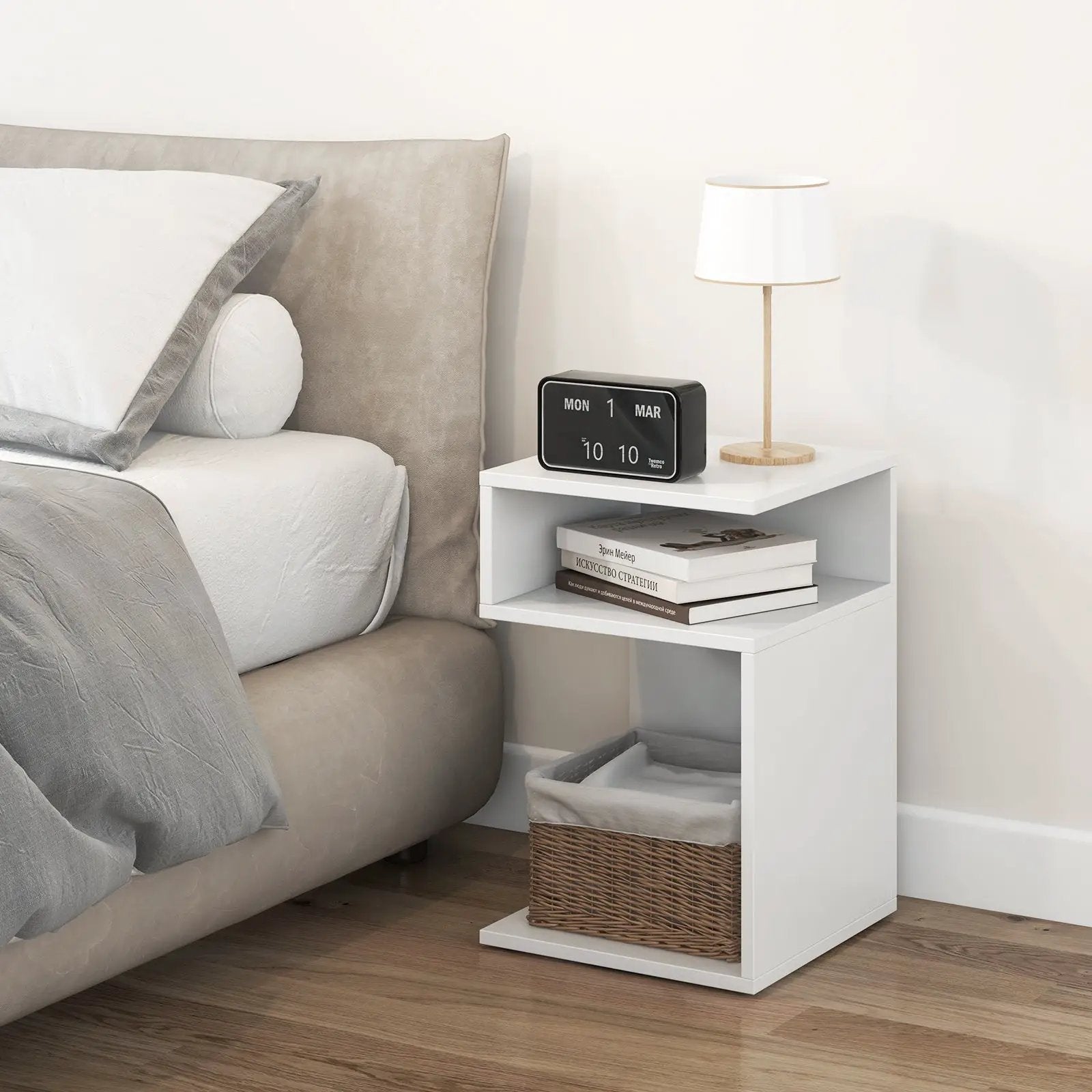 S-Shaped Side Table with Unique S-shaped Frame and 2 Open Compartments-White by DirectDeals