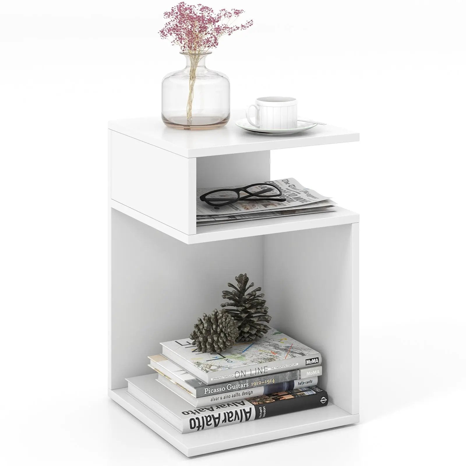 S-Shaped Side Table with Unique S-shaped Frame and 2 Open Compartments-White by DirectDeals