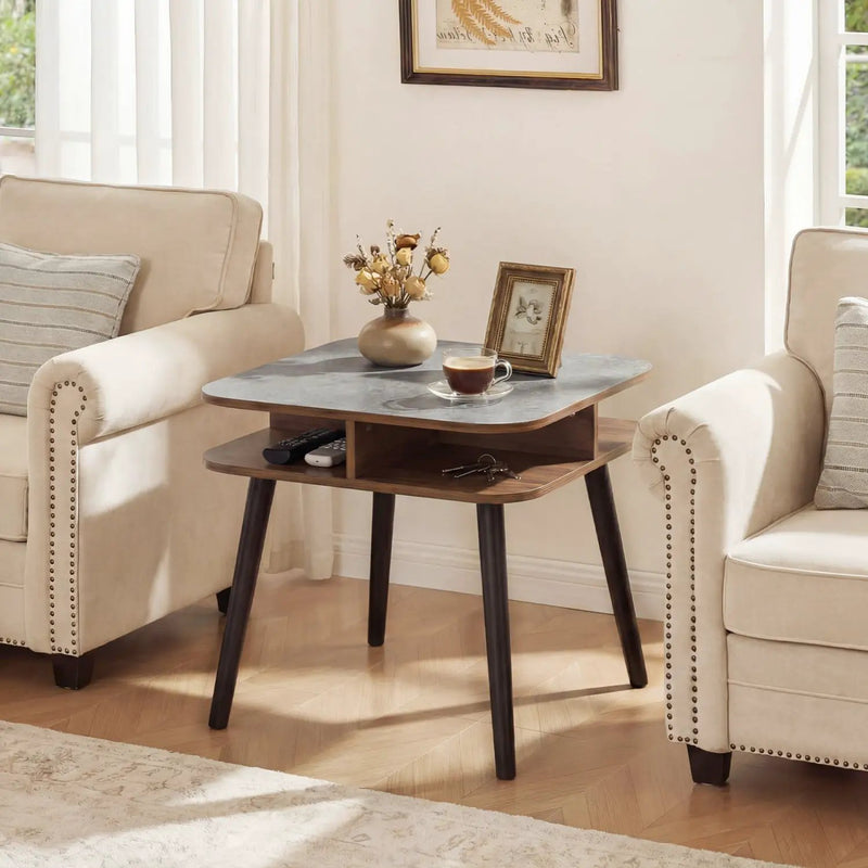 Side Table Faux Marble End Table with Storage Shelves and Rubber Wood Legs by DirectDeals