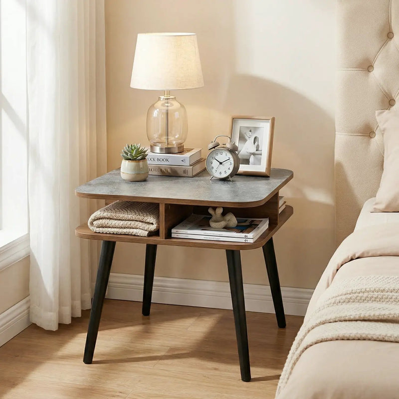Side Table Faux Marble End Table with Storage Shelves and Rubber Wood Legs by DirectDeals