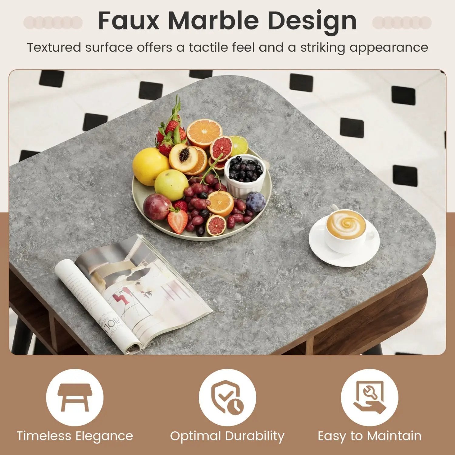 Side Table Faux Marble End Table with Storage Shelves and Rubber Wood Legs by DirectDeals