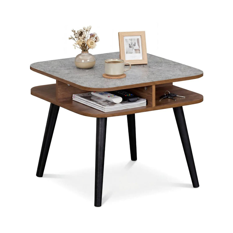 Side Table Faux Marble End Table with Storage Shelves and Rubber Wood Legs by DirectDeals