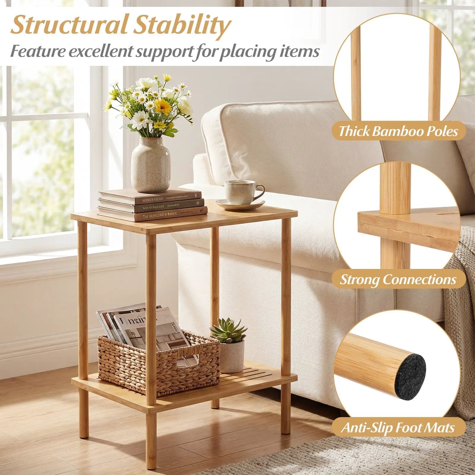 Side Table Set of 2 2-Tier Bamboo End Table with Storage Shelves Rectangular Tea Sofa Table-Natural by DirectDeals