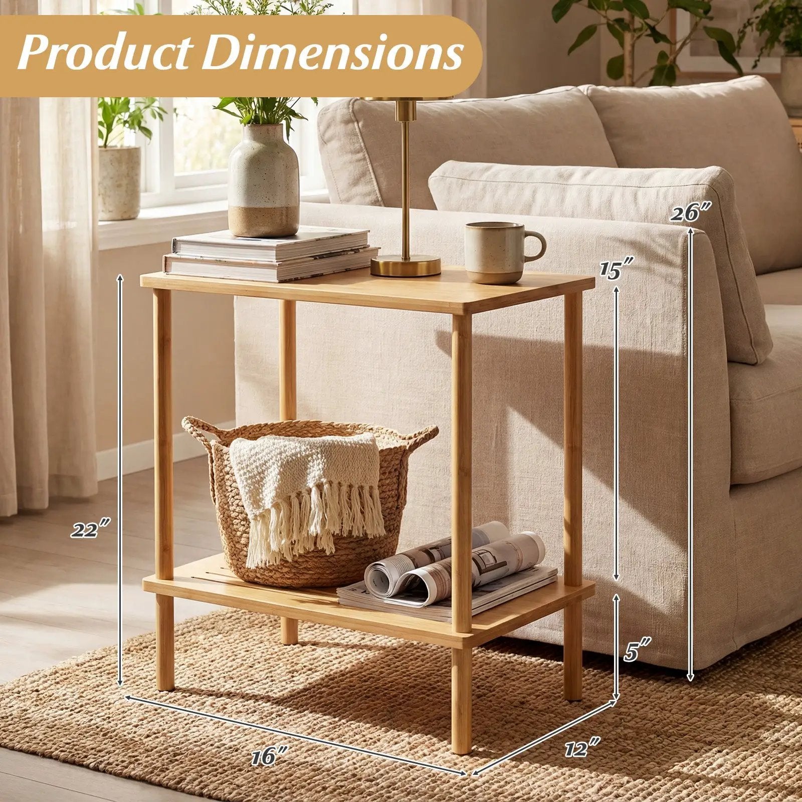 Side Table Set of 2 2-Tier Bamboo End Table with Storage Shelves Rectangular Tea Sofa Table-Natural by DirectDeals