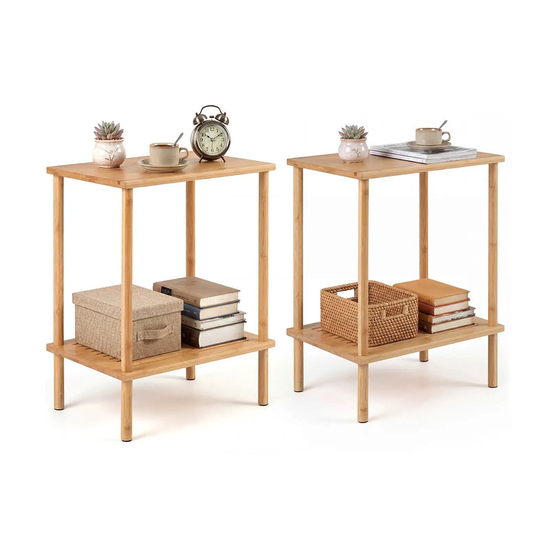 Side Table Set of 2 2-Tier Bamboo End Table with Storage Shelves Rectangular Tea Sofa Table-Natural by DirectDeals