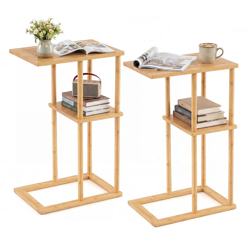 Side Table Set of 2 with Storage Shelves and Bamboo Construction-Natural by DirectDeals