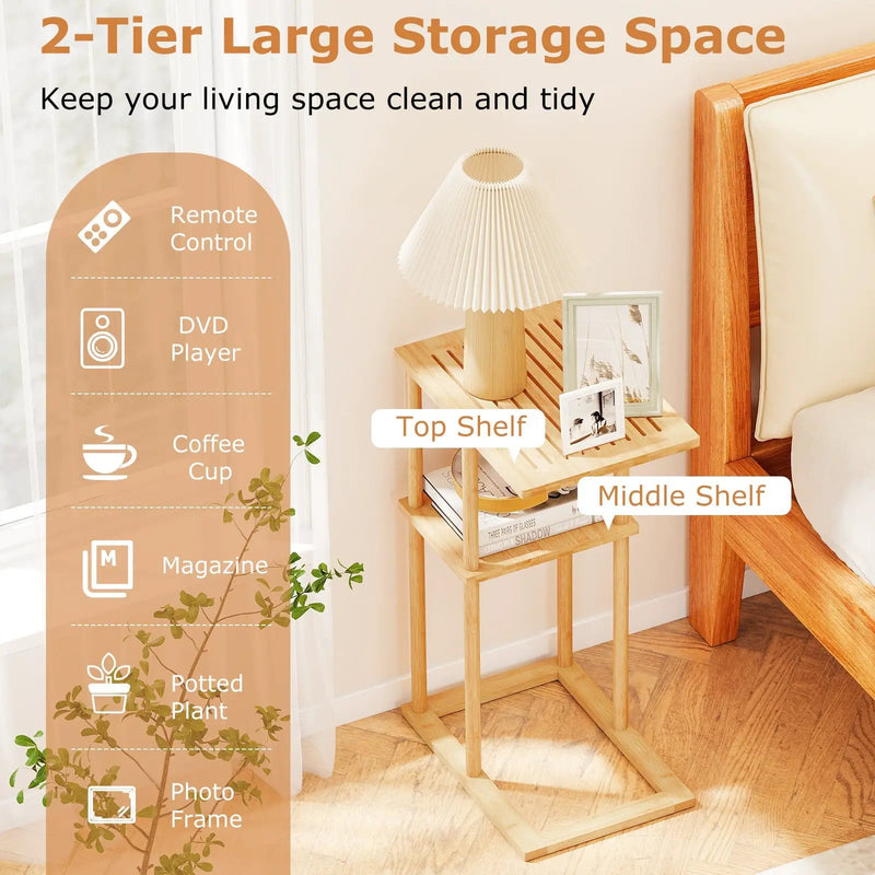 Side Table Set of 2 with Storage Shelves and Bamboo Construction-Natural by DirectDeals