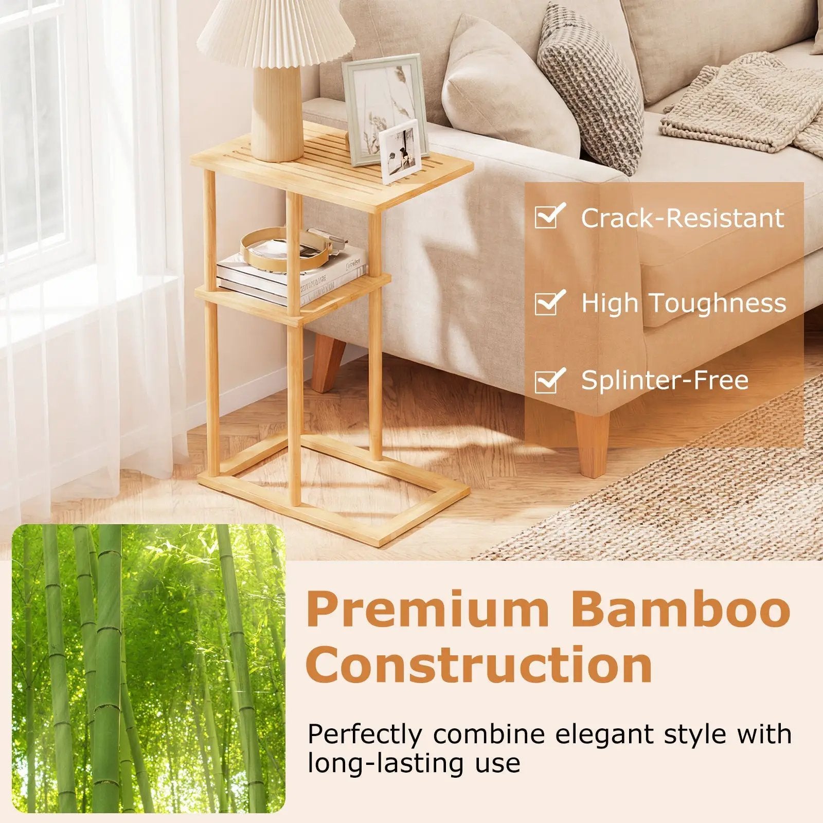 Side Table Set of 2 with Storage Shelves and Bamboo Construction-Natural by DirectDeals