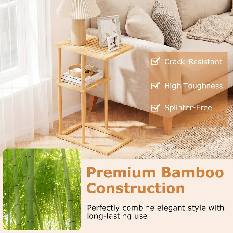 Side Table Set of 2 with Storage Shelves and Bamboo Construction-Natural by DirectDeals