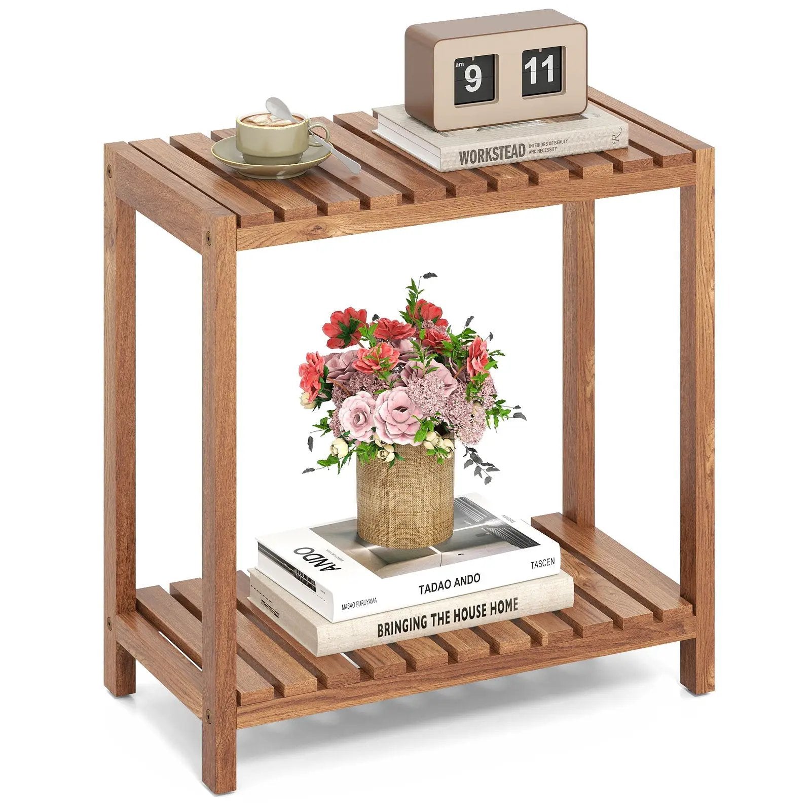 2/3-Tier Side Table Teak Wood Stand Utility Storage Shelf-3 by DirectDeals
