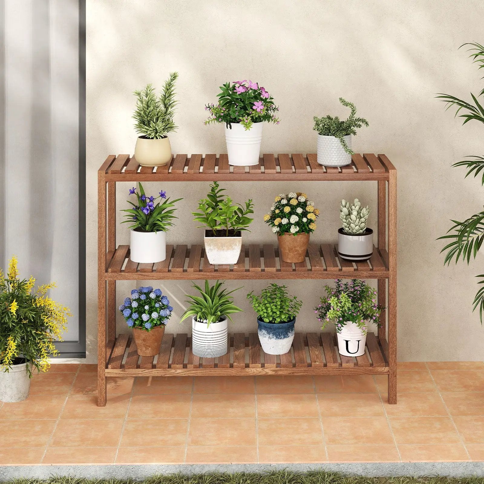 2/3-Tier Side Table Teak Wood Stand Utility Storage Shelf-3 by DirectDeals