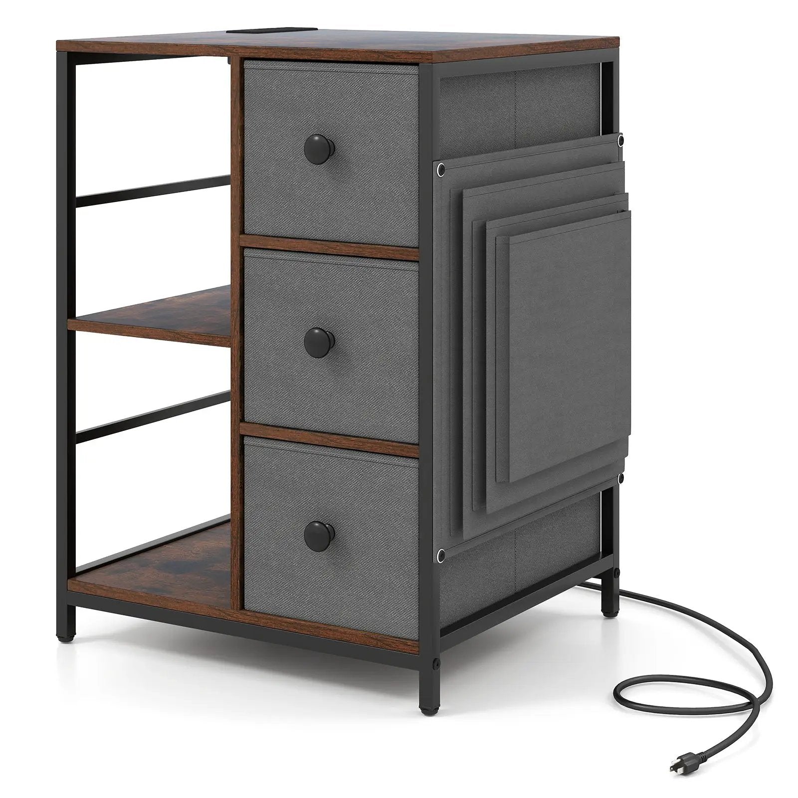 Side Table with Charging Station Industrial Nightstand with Open Shelves-Rustic Brown by DirectDeals
