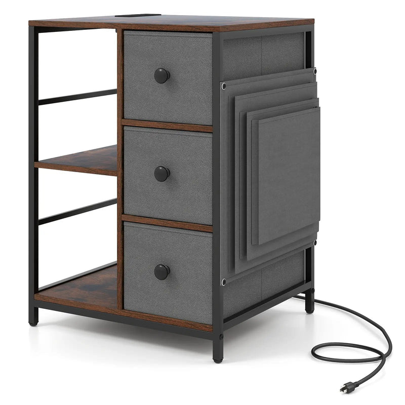 Side Table with Charging Station Industrial Nightstand with Open Shelves-Rustic Brown by DirectDeals