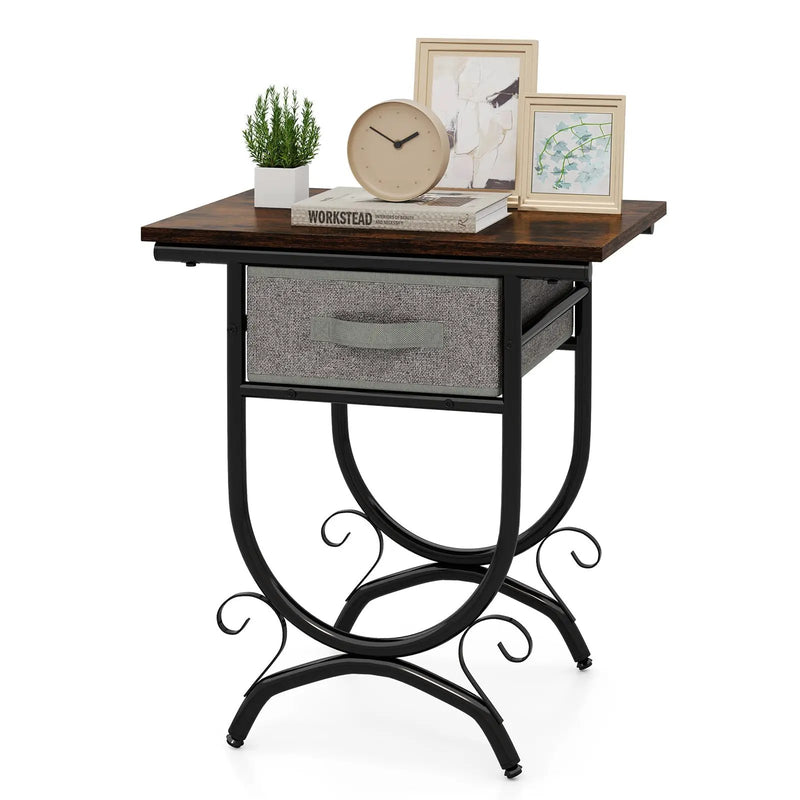 Side Table with Fabric Drawer and Carved Metal Frame for Living Room by DirectDeals