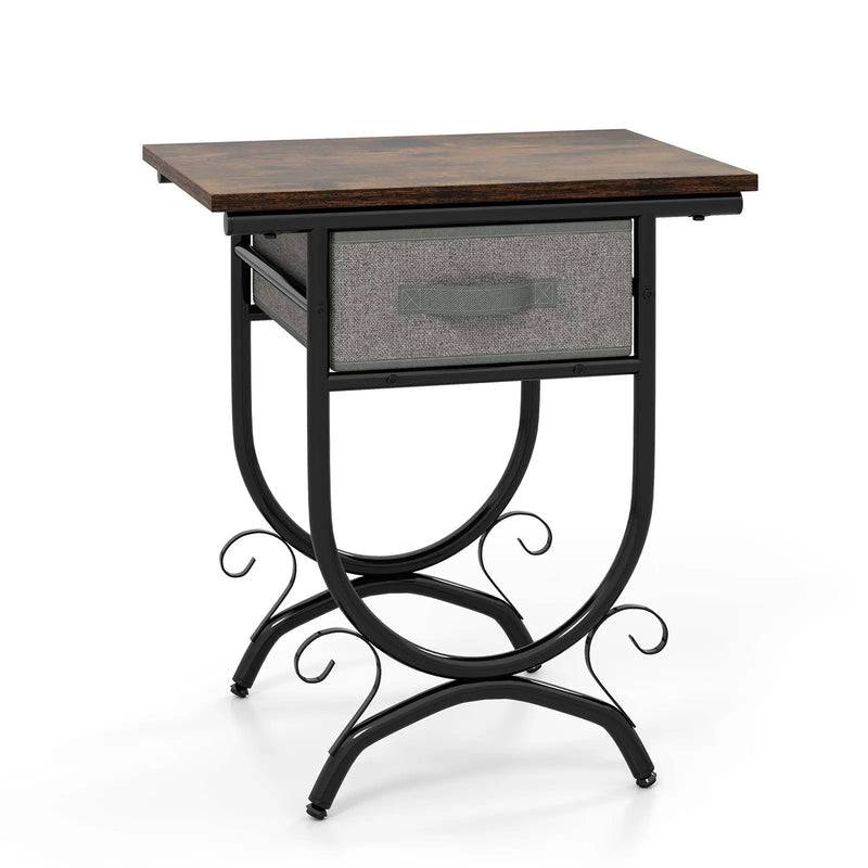 Side Table with Fabric Drawer and Carved Metal Frame for Living Room by DirectDeals
