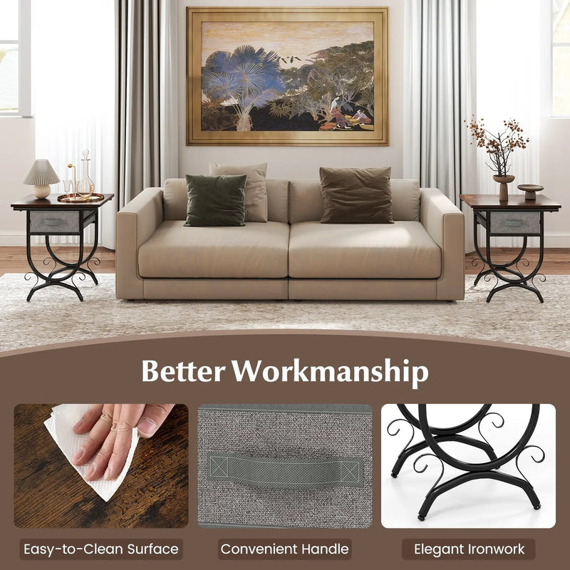 Side Table with Fabric Drawer and Carved Metal Frame for Living Room by DirectDeals