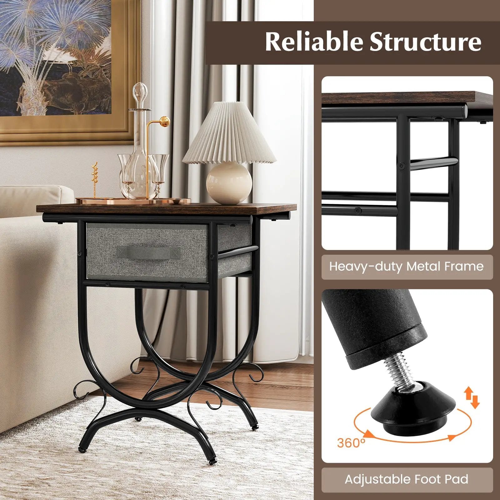 Side Table with Fabric Drawer and Carved Metal Frame for Living Room by DirectDeals