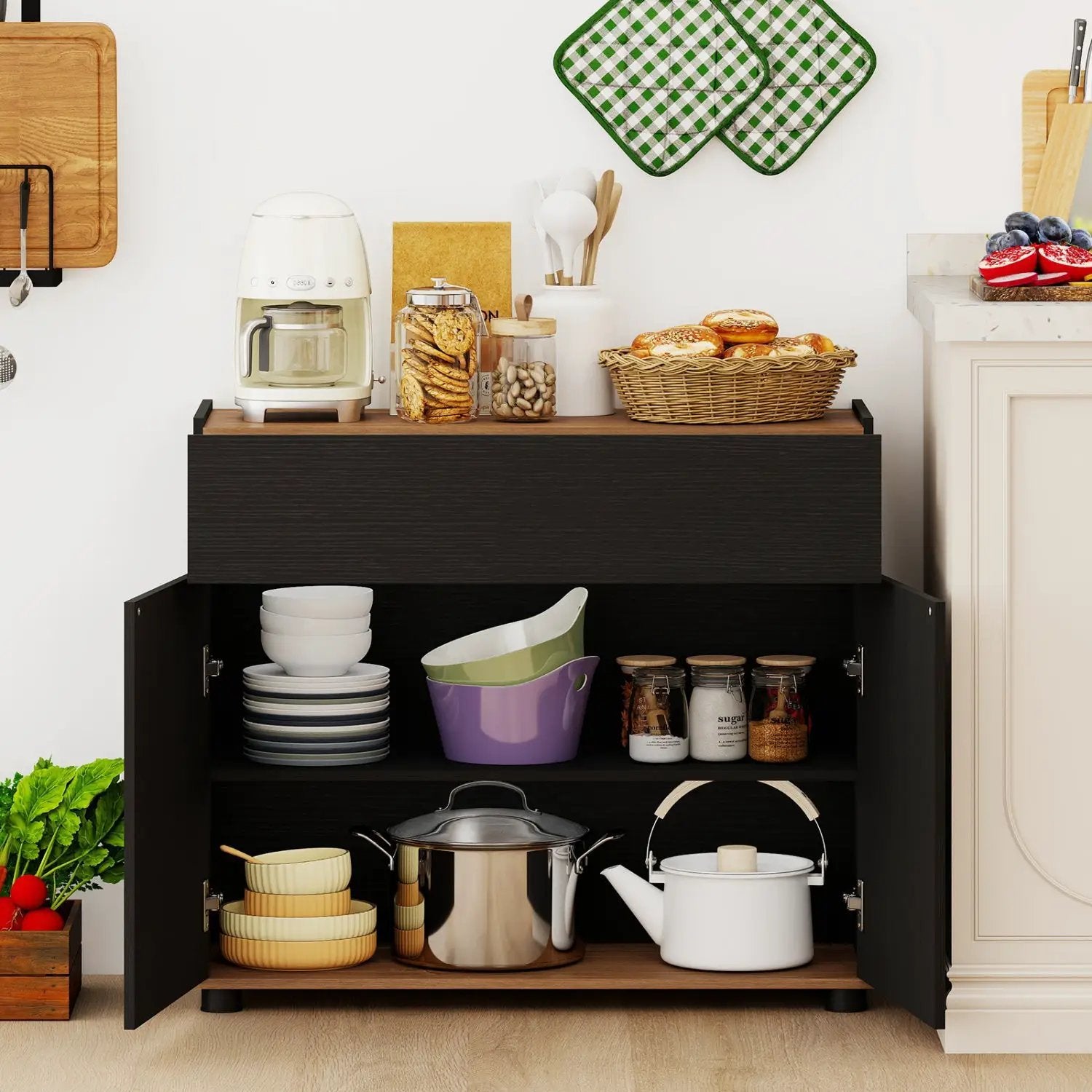 Sideboard Buffet Cabinet with Storage Wooden Kitchen Storage Cabinet-Black by DirectDeals