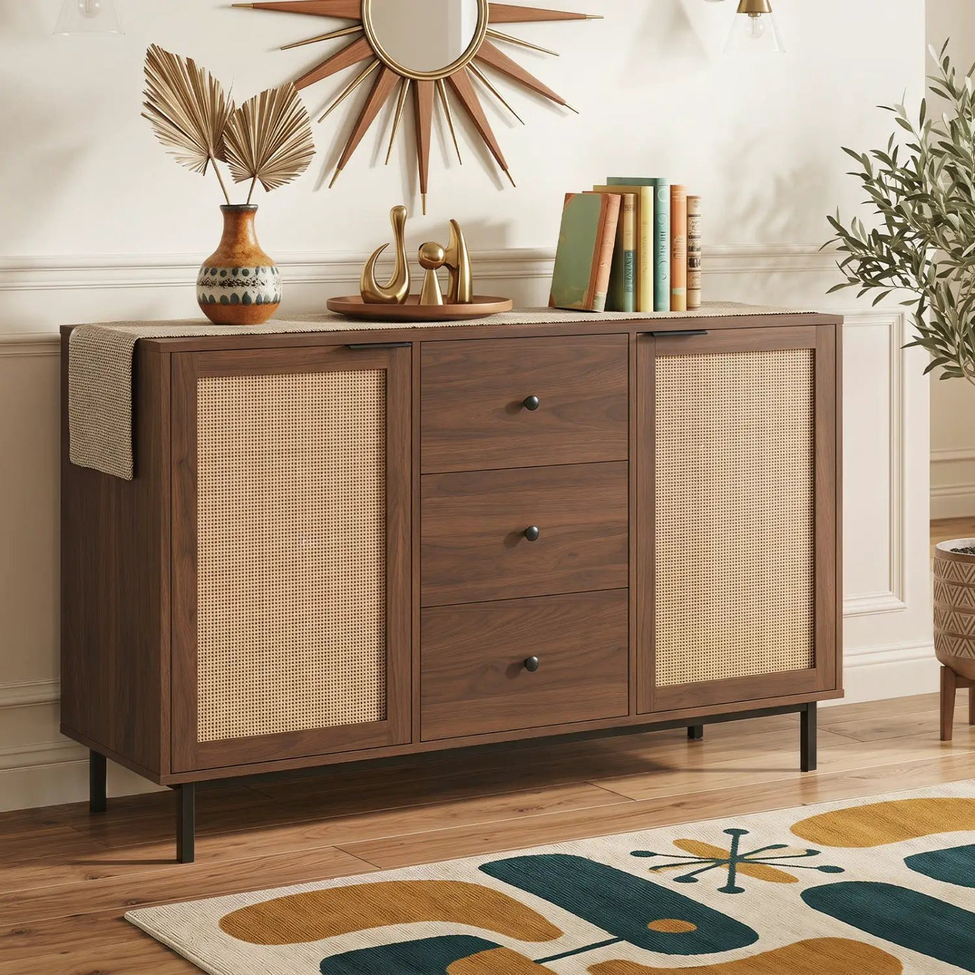 Sideboard Buffet Cabinet with Rattan Doors and 3 Drawers by DirectDeals