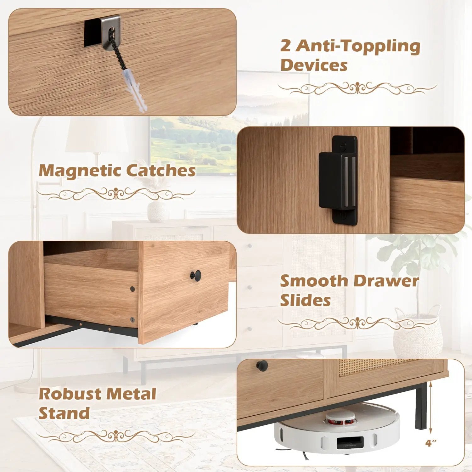 Sideboard Buffet Cabinet with Rattan Doors and 3 Drawers by DirectDeals