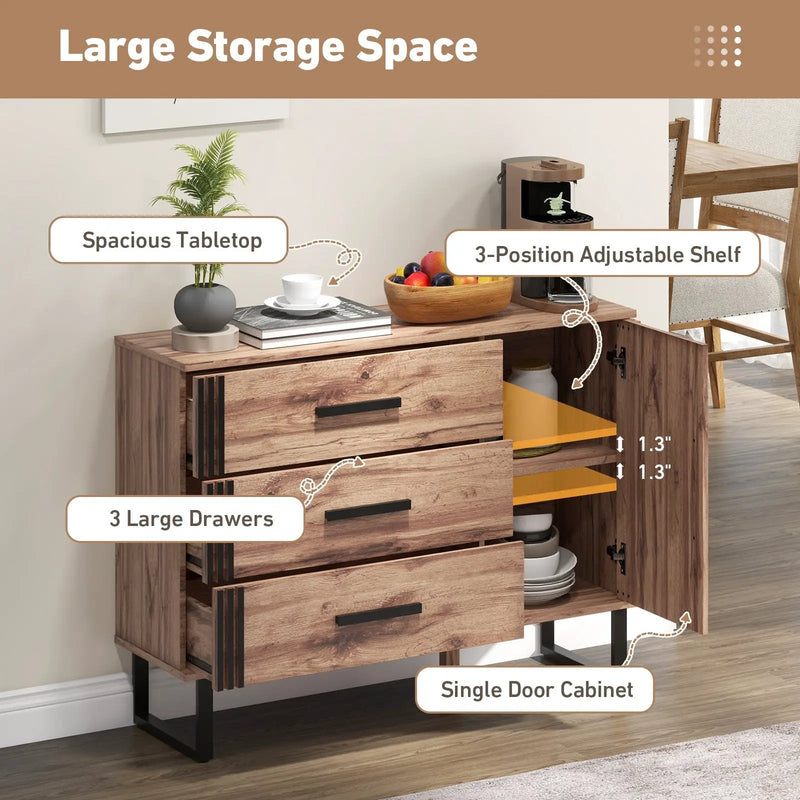 Sideboard Buffet Cabinet Credenza Storage Cabinet with 3 Drawers-Rustic Brown by DirectDeals