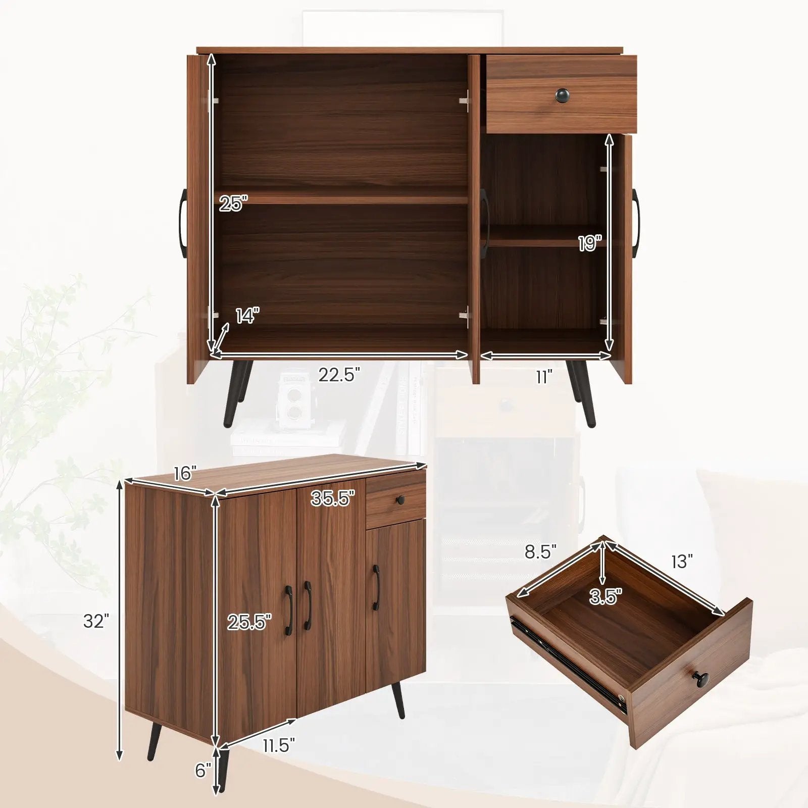 Sideboard Cabinet with 3 Doors and Pull out Drawer Adjustable Shelves-Walnut by DirectDeals