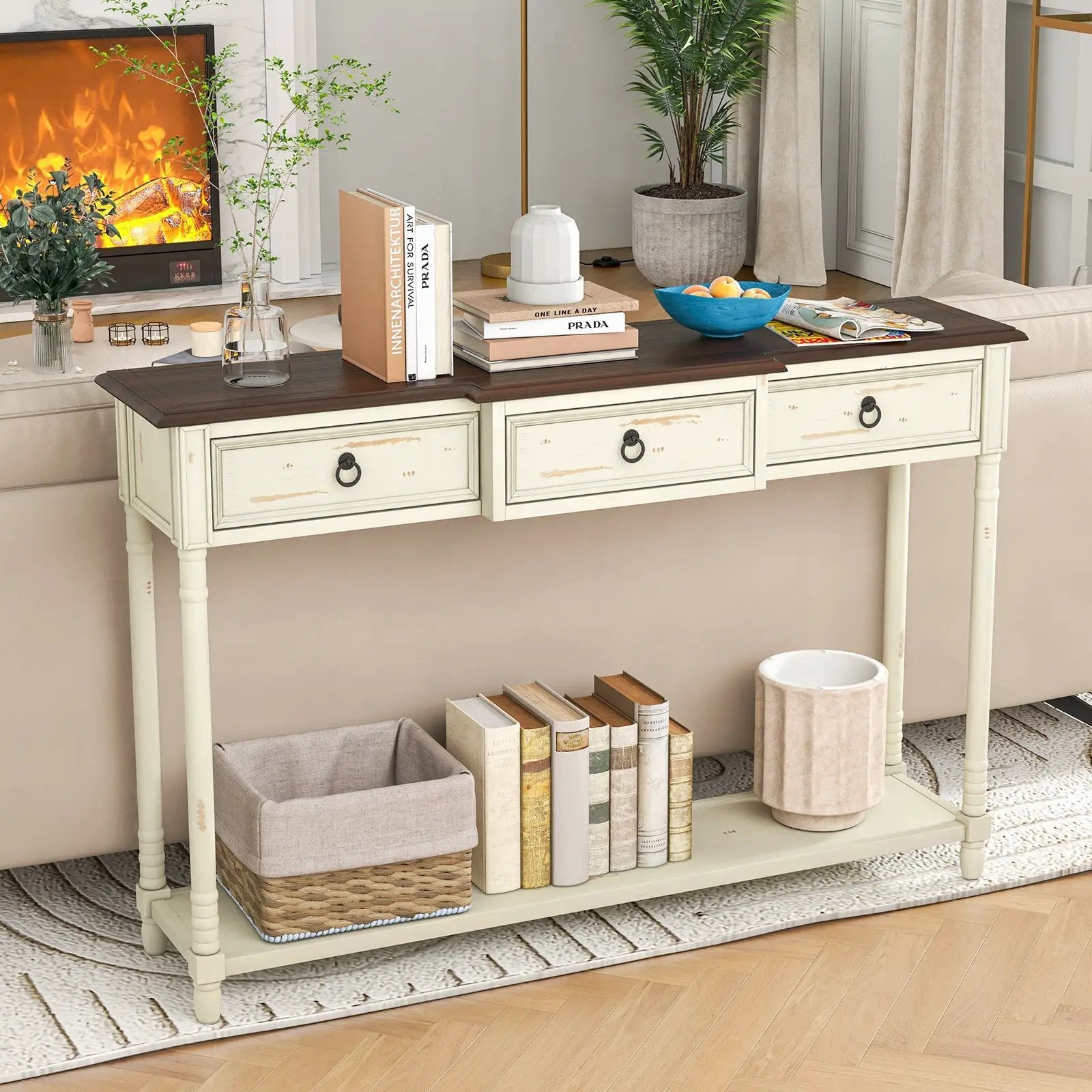 52 Inch Farmhouse Console Table with 3 Drawers and Open Storage Shelf for Hallway by DirectDeals