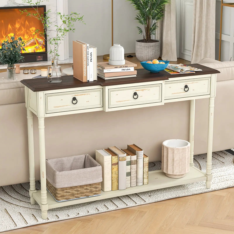 52 Inch Farmhouse Console Table with 3 Drawers and Open Storage Shelf for Hallway by DirectDeals