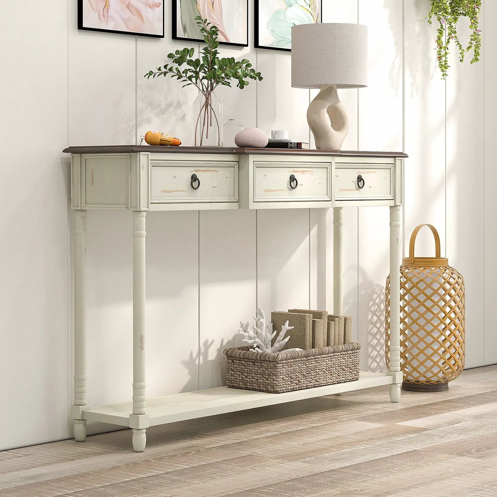 52 Inch Farmhouse Console Table with 3 Drawers and Open Storage Shelf for Hallway by DirectDeals