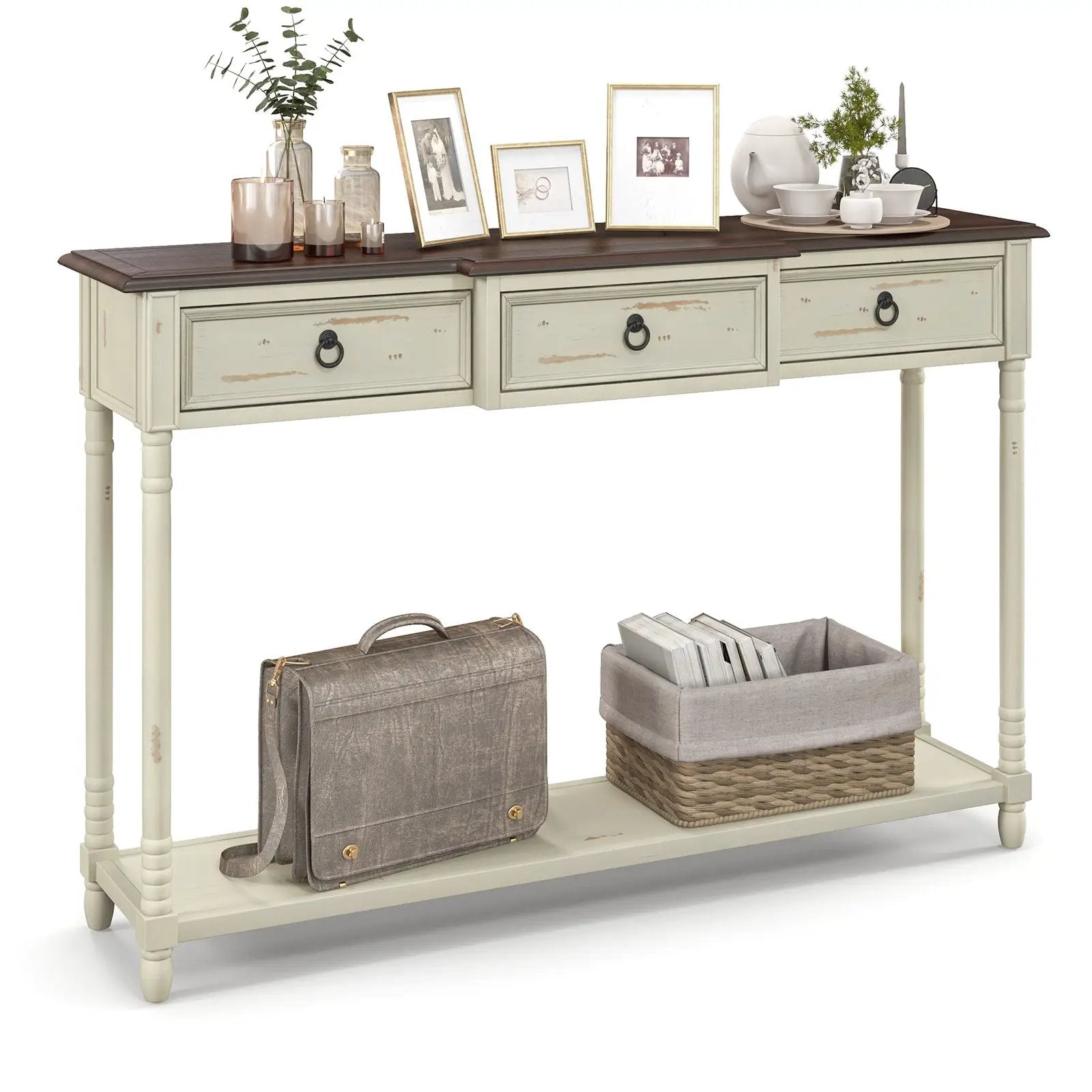 52 Inch Farmhouse Console Table with 3 Drawers and Open Storage Shelf for Hallway by DirectDeals