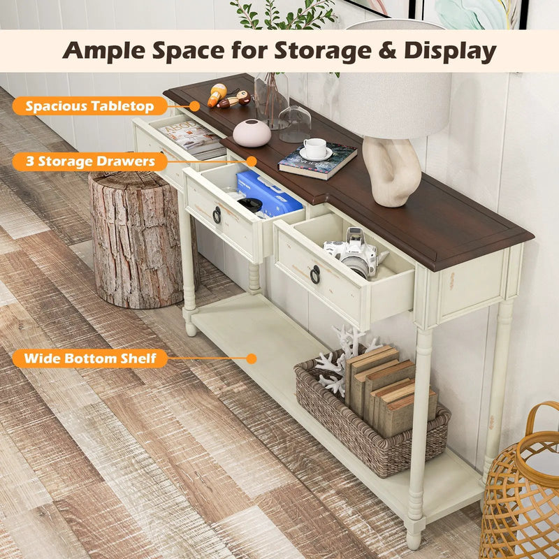 52 Inch Farmhouse Console Table with 3 Drawers and Open Storage Shelf for Hallway by DirectDeals