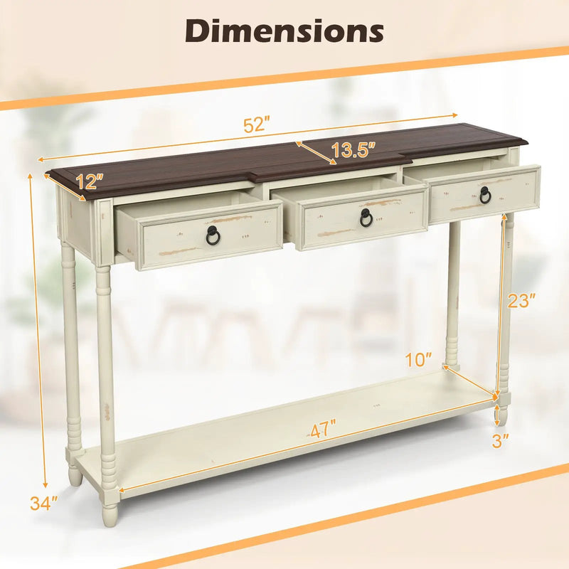 52 Inch Farmhouse Console Table with 3 Drawers and Open Storage Shelf for Hallway by DirectDeals
