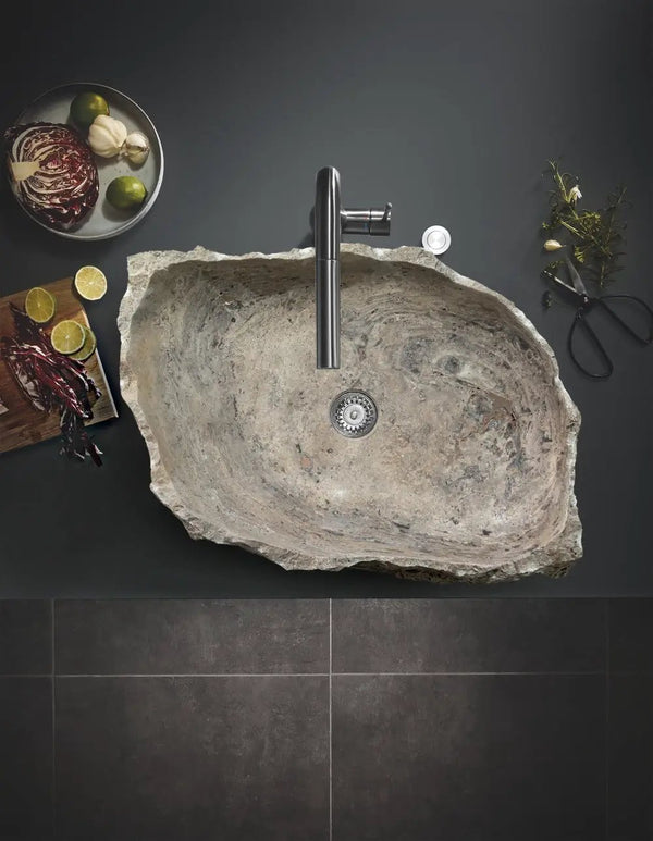 Silver Travertine Rustic Hand Chiseled Vessel Sink - 16x26x5