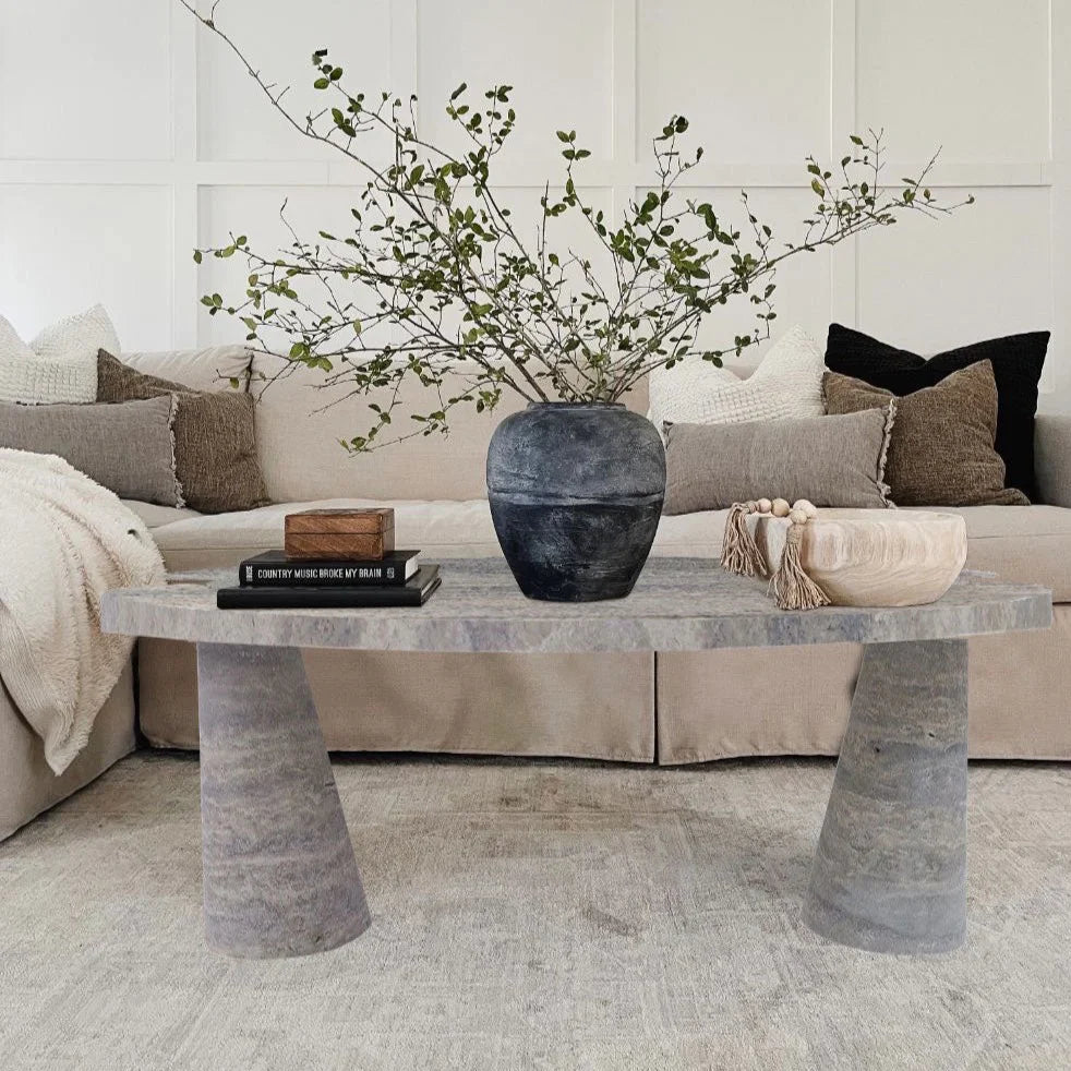 Silver Travertine Vein-cut Coffee Table Conic legs Honed (W)24" (L)48" (H)16" by GobekDesign