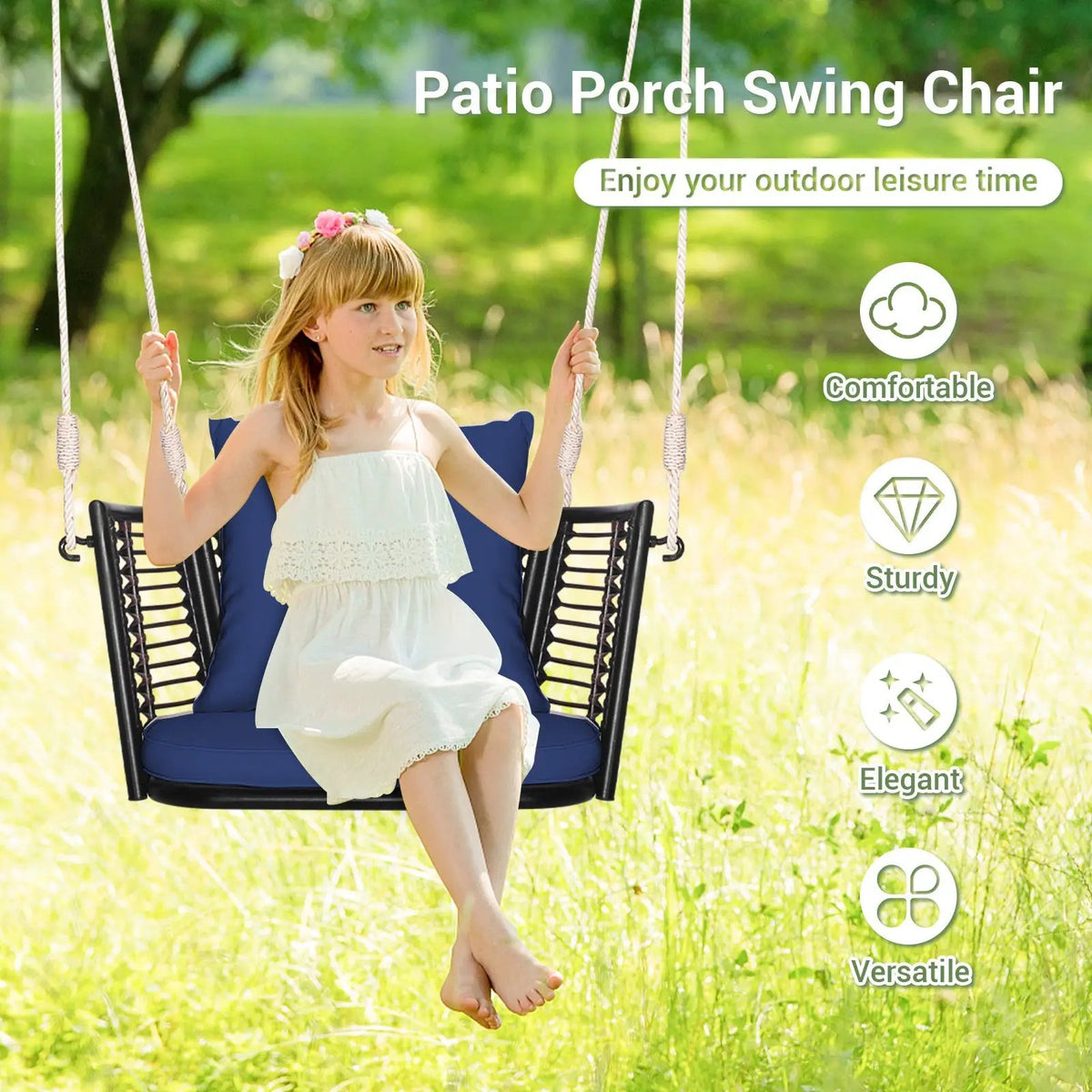 Single Person Hanging Seat with Woven Rattan Backrest for Backyard by DirectDeals