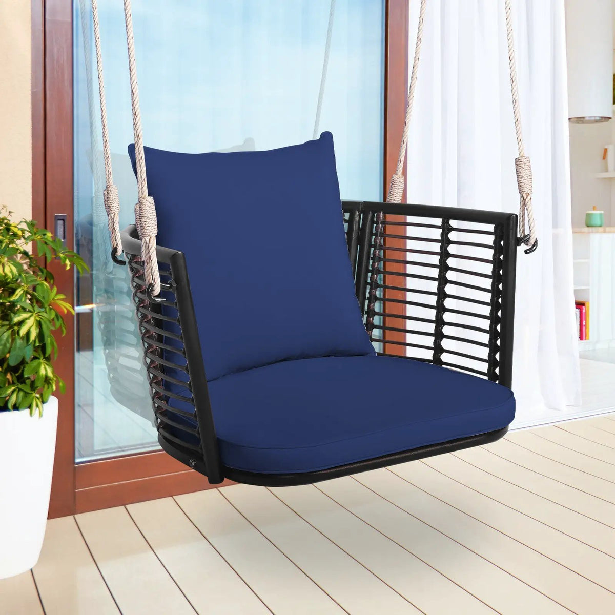 Single Person Hanging Seat with Woven Rattan Backrest for Backyard by DirectDeals